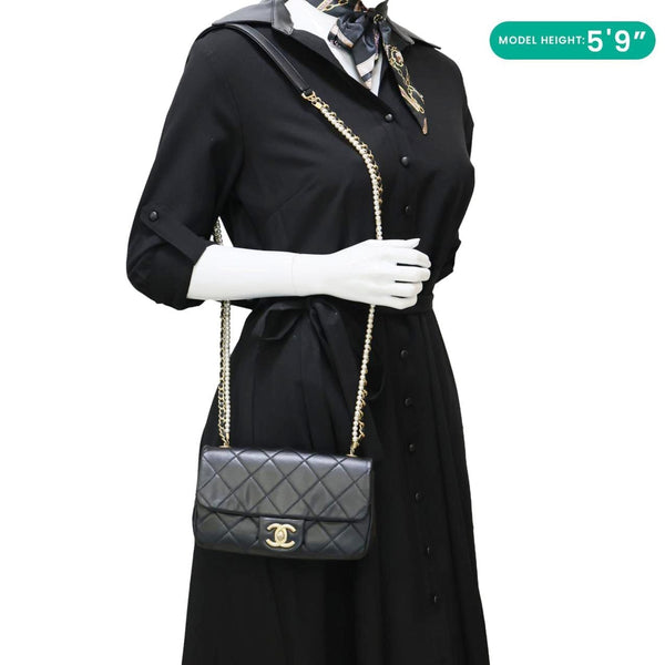 CHANEL Crystal Pearls Rectangular Flap Mini Quilted Leather Chain Crossbody Bag Black