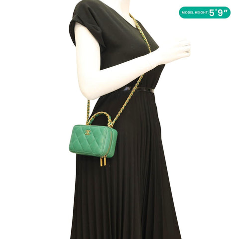 CHANEL Tea Afternoon Quilted Leather Chain Top Handle Vanity Case Green