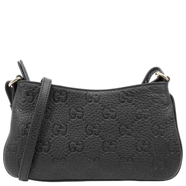 GUCCI Emblem Grainy Leather Shoulder Bag Black 815278
