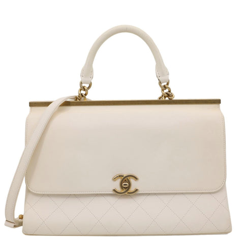 CHANEL Coco Luxe Flap Quilted Lambskin Leather Top Handle Shoulder Bag White