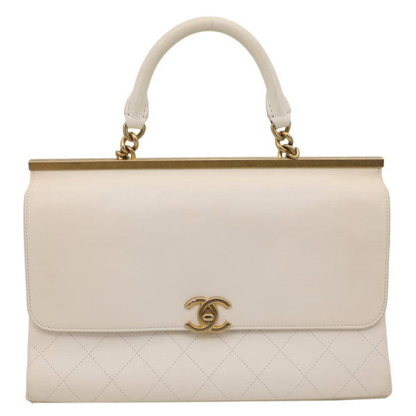 CHANEL Coco Luxe Flap Quilted Lambskin Leather Top Handle Shoulder Bag White