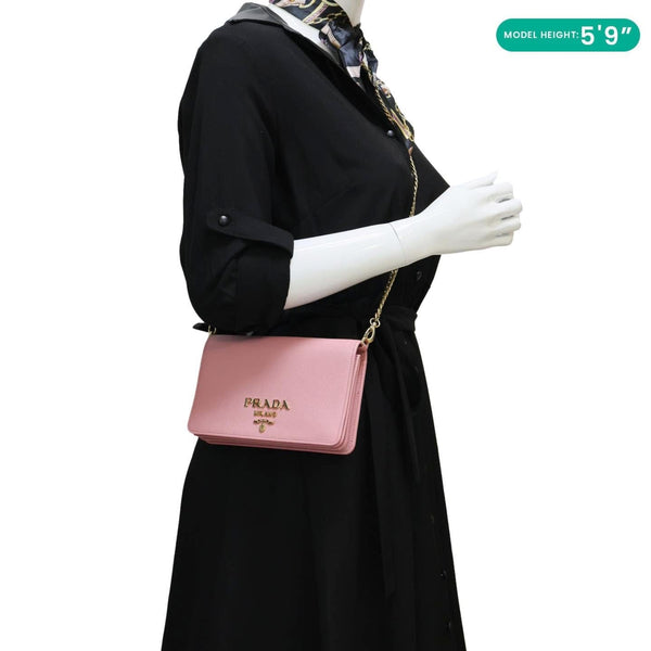 PRADA Chain Flap Saffiano Leather Crossbody Bag Pink