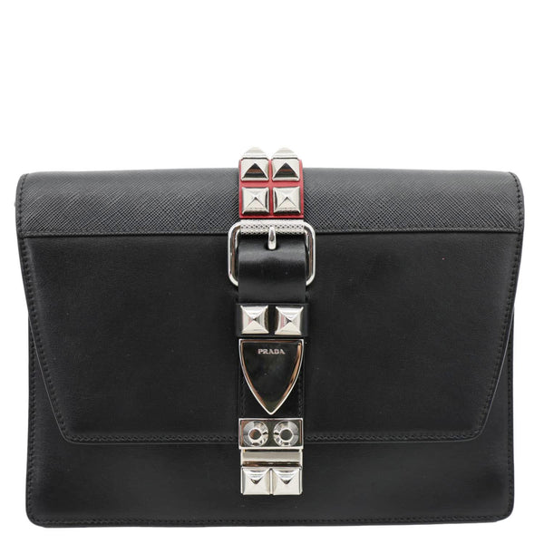 PRADA Studded Elektra Saffiano Leather Crossbody Bag Black