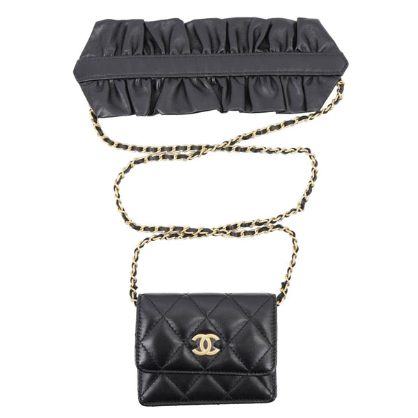 CHANEL Romance Quilted Lambskin Leather Clutch With Chain Black