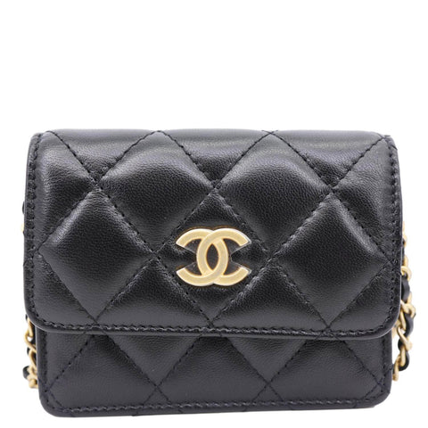 CHANEL Romance Quilted Lambskin Leather Clutch With Chain Black