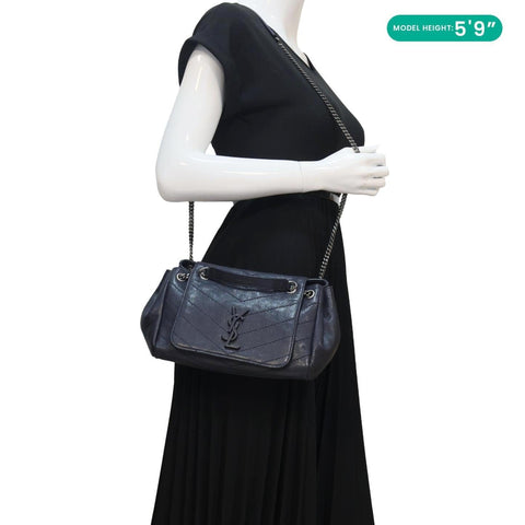 YVES SAINT LAURENT Vintage Monogram Nolita Chevron Leather Shoulder Bag Navy Blue