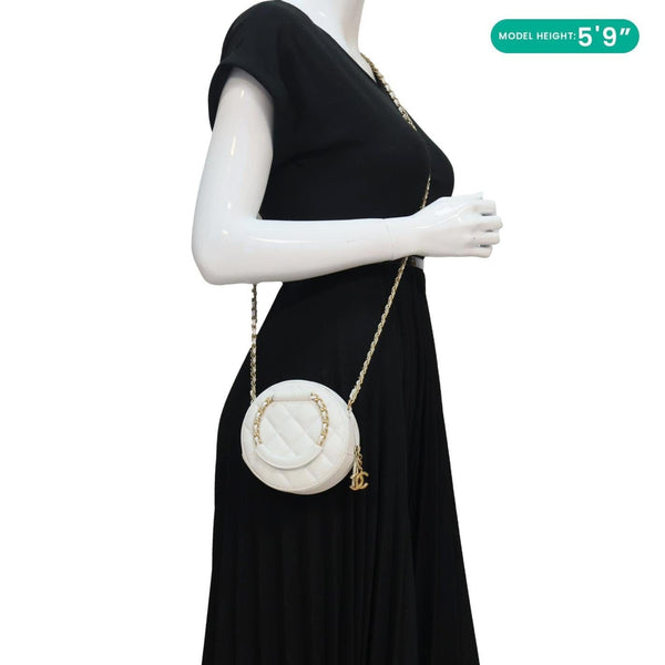 CHANEL In The Loop Round Caviar Leather Clutch Crossbody Bag White