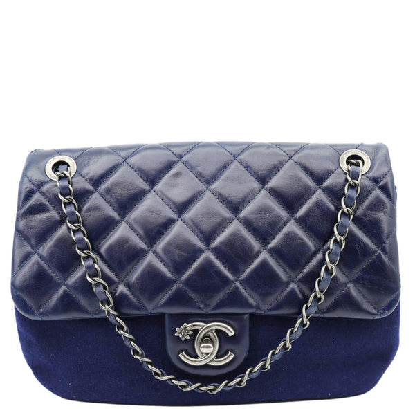 CHANEL Classic Single Flap Wool Leather Shoulder Bag Navy Blue