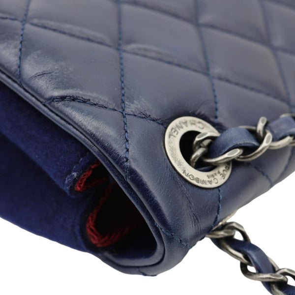 CHANEL Classic Single Flap Wool Leather Shoulder Bag Navy Blue