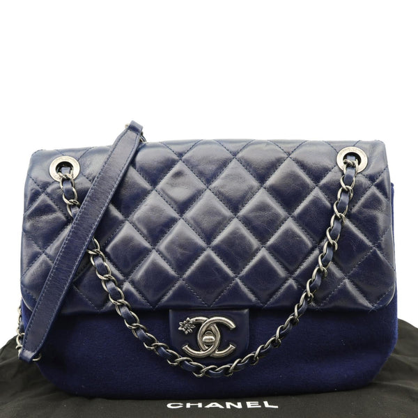 CHANEL Classic Single Flap Wool Leather Shoulder Bag Navy Blue