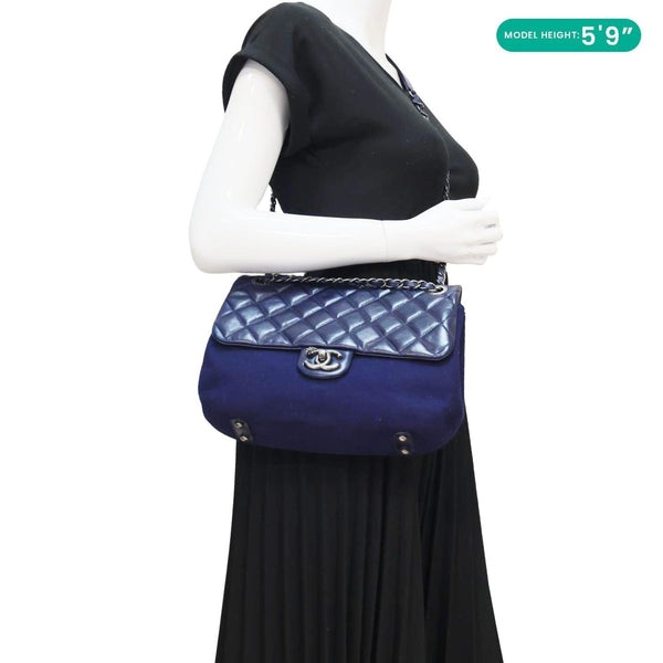 CHANEL Classic Single Flap Wool Leather Shoulder Bag Navy Blue