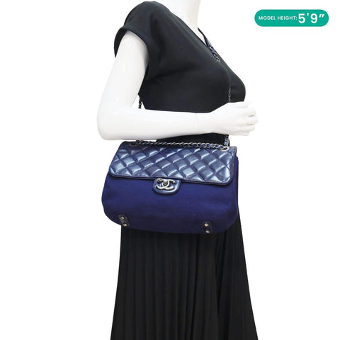 CHANEL Classic Single Flap Wool Leather Shoulder Bag Navy Blue