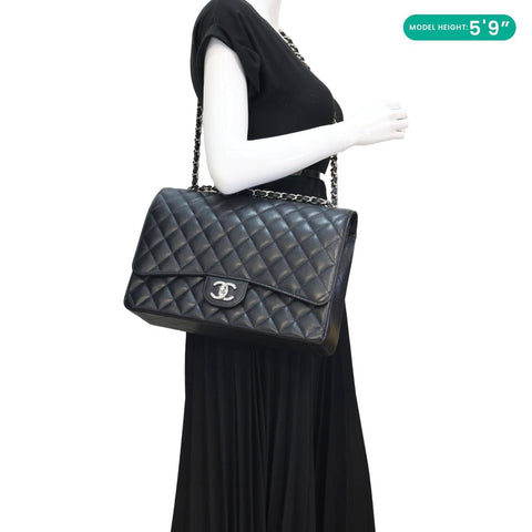 CHANEL Classic Double Flap Maxi Caviar Leather Shoulder Bag Black