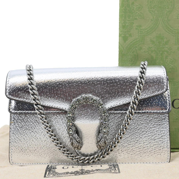 GUCCI Dionysus Super Mini Metallic Leather Crossbody Bag Silver 476432