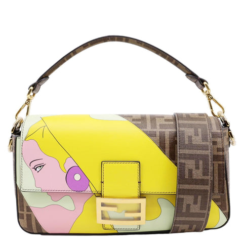 FENDI FF 1974 Hairdo Girls Inlay Glazed Fabric Baguette Bag Yellow