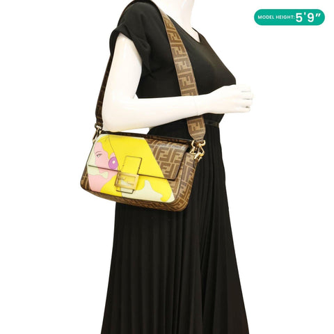 FENDI FF 1974 Hairdo Girls Inlay Glazed Fabric Baguette Bag Yellow