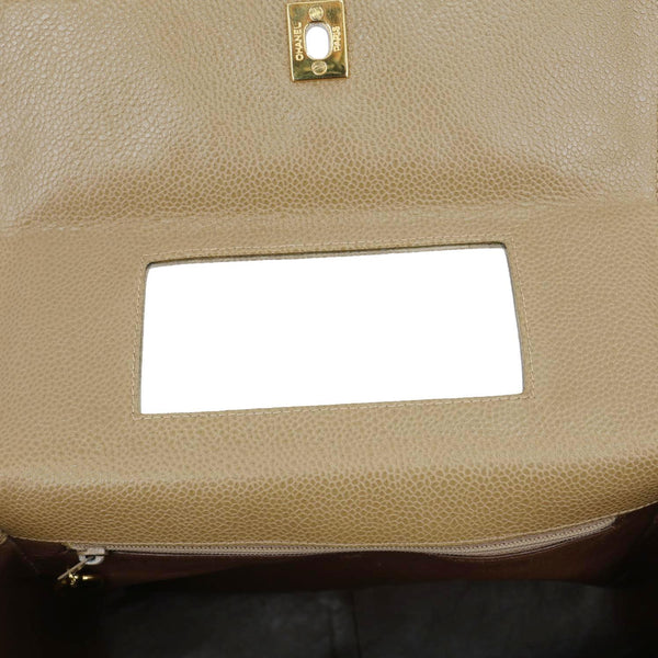 CHANEL Straight Flap Quilted Caviar Leather Shoulder Bag Sand Beige