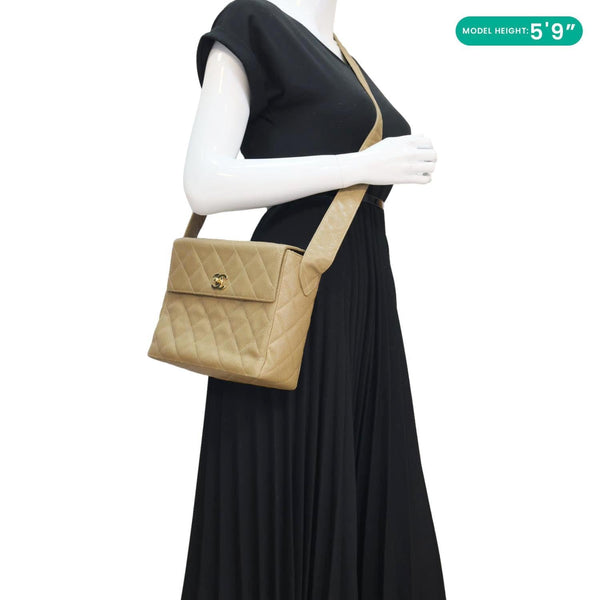 CHANEL Straight Flap Quilted Caviar Leather Shoulder Bag Sand Beige