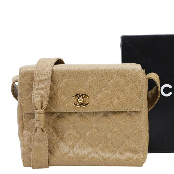 CHANEL Straight Flap Quilted Caviar Leather Shoulder Bag Sand Beige
