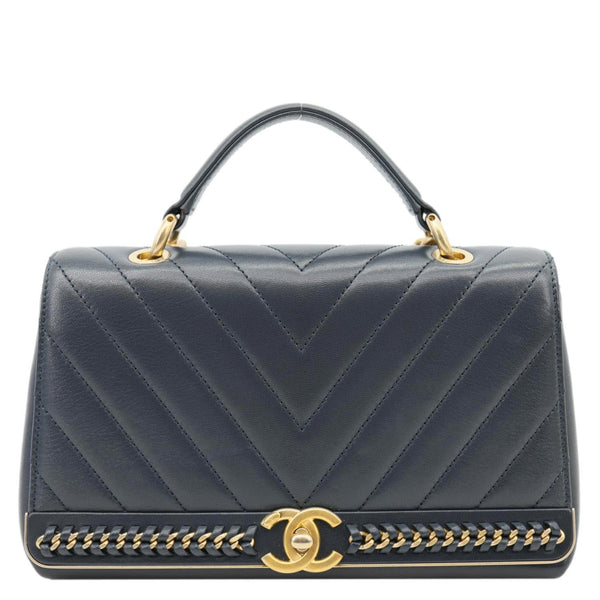 CHANEL Coco Stitched Flap Chevron Leather Chain Top Handle Shoulder Bag Navy Blue