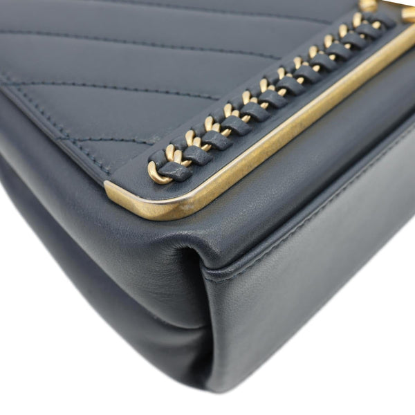 CHANEL Coco Stitched Flap Chevron Leather Chain Top Handle Shoulder Bag Navy Blue