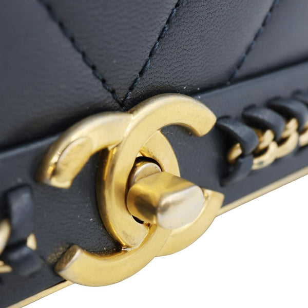 CHANEL Coco Stitched Flap Chevron Leather Chain Top Handle Shoulder Bag Navy Blue