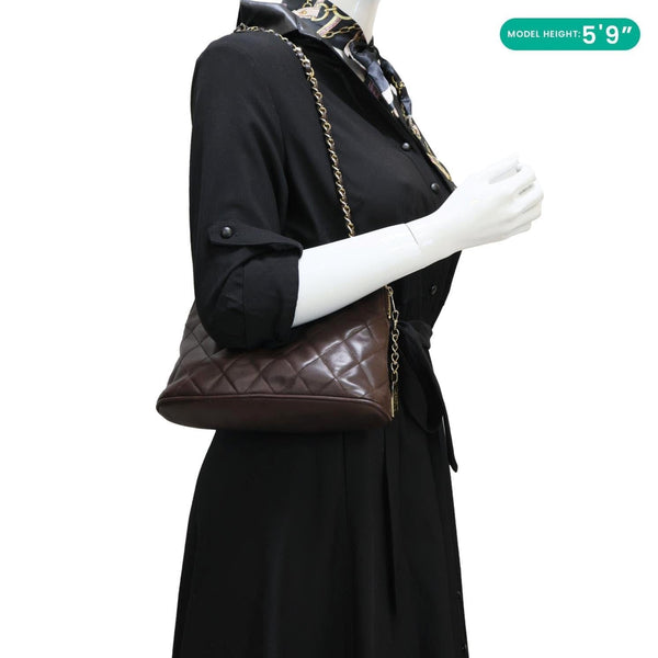 CHANEL Vintage Quilted Lambskin Leather Chain Shoulder Bag Brown