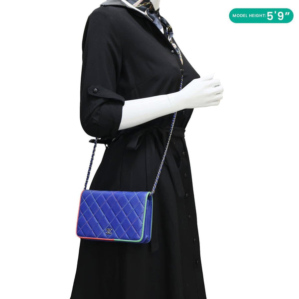 CHANEL Quilted Leather Wallet On Chain Blue