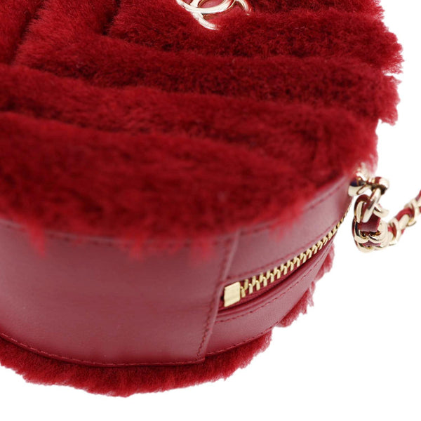 CHANEL Round Chevron Shearling Clutch With Chain Crossbody Bag Burgundy