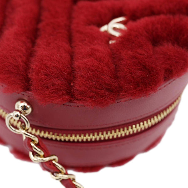 CHANEL Round Chevron Shearling Clutch With Chain Crossbody Bag Burgundy