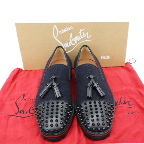 CHRISTIAN LOUBOUTIN Rossini Spike Tassel Tweed Loafer Navy Blue