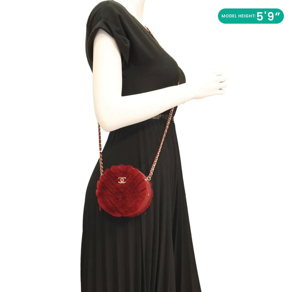 CHANEL Round Chevron Shearling Clutch With Chain Crossbody Bag Burgundy