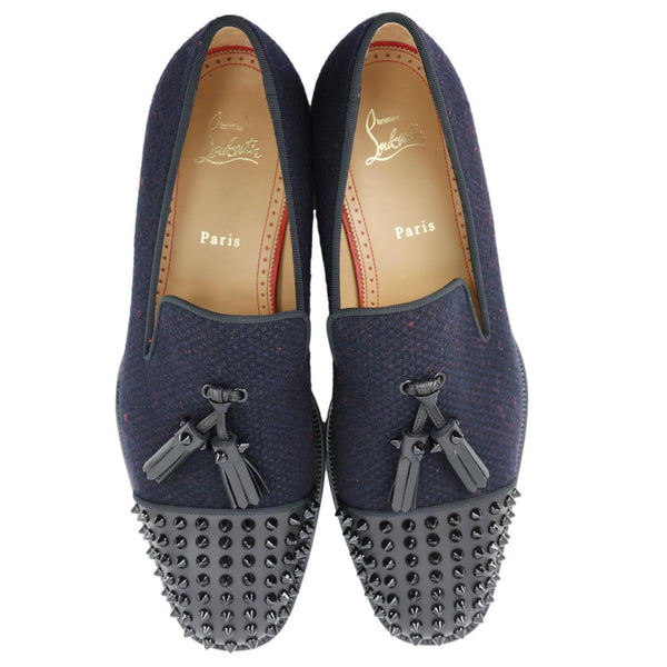CHRISTIAN LOUBOUTIN Rossini Spike Tassel Tweed Loafer Navy Blue