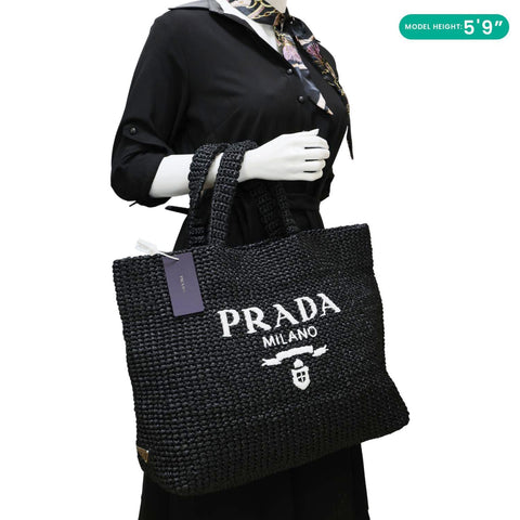 PRADA Embroidered Logo Yarn Crochet Tote Bag Black