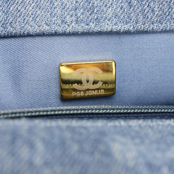 CHANEL Mood Flap Small Quilted Denim Logo Printed Shoulder Bag Blue