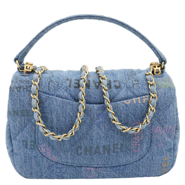 CHANEL Mood Flap Small Quilted Denim Logo Printed Shoulder Bag Blue