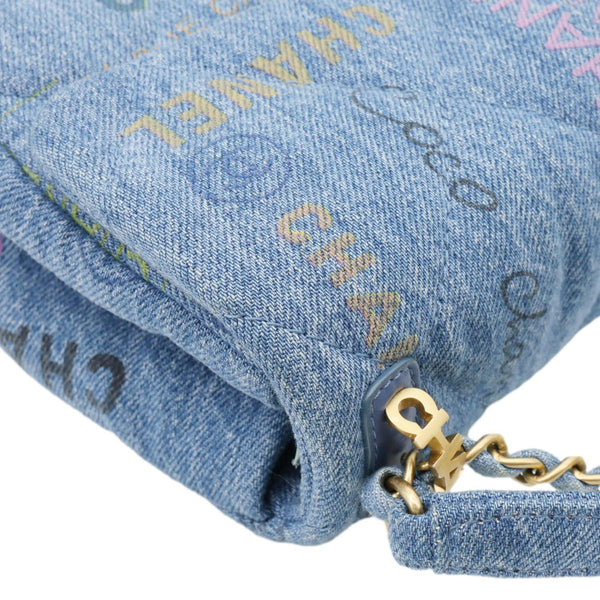 CHANEL Mood Flap Small Quilted Denim Logo Printed Shoulder Bag Blue