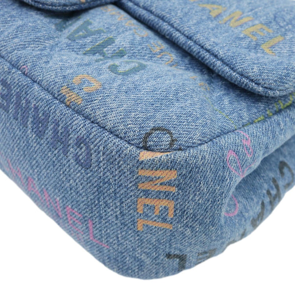 CHANEL Mood Flap Small Quilted Denim Logo Printed Shoulder Bag Blue
