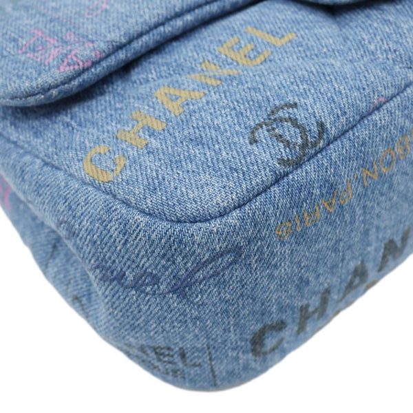 CHANEL Mood Flap Small Quilted Denim Logo Printed Shoulder Bag Blue