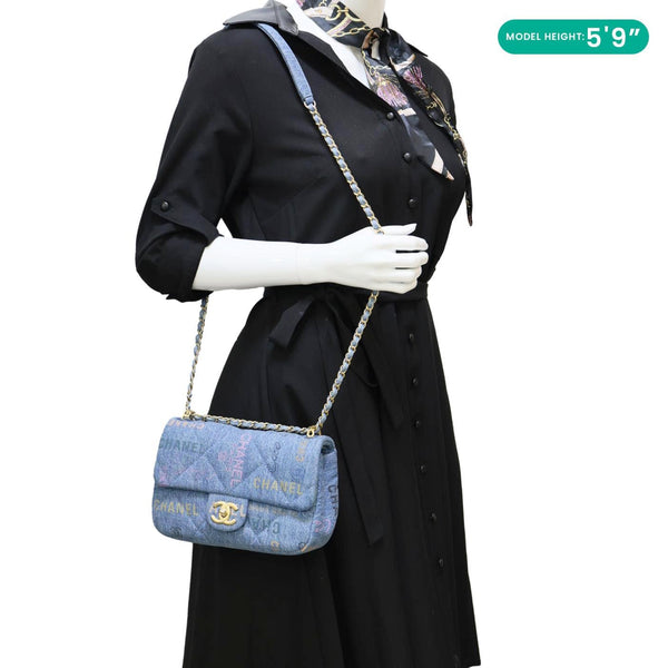 CHANEL Mood Flap Small Quilted Denim Logo Printed Shoulder Bag Blue