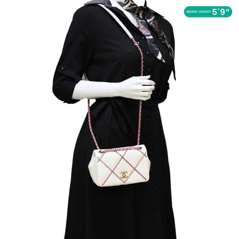 CHANEL Entwined Flap Leather Chain Crossbody Bag White