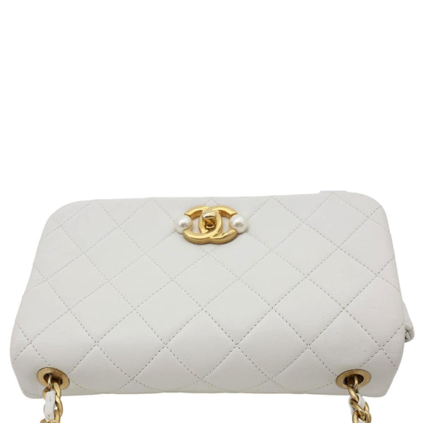 CHANEL Pearl Side Flap Quilted Leather Crossbody Bag White
