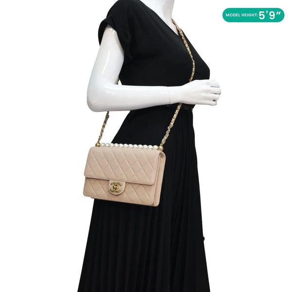 CHANEL Chic Pearls Flap Small Quilted Leather Shoulder Bag Beige