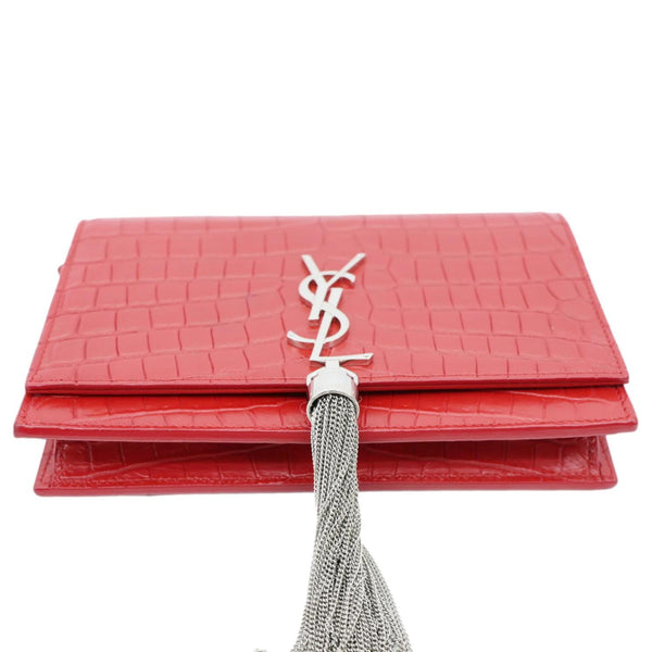 YVES SAINT LAURENT Kate Tassel Crocodile Embossed Leather Crossbody Bag Red