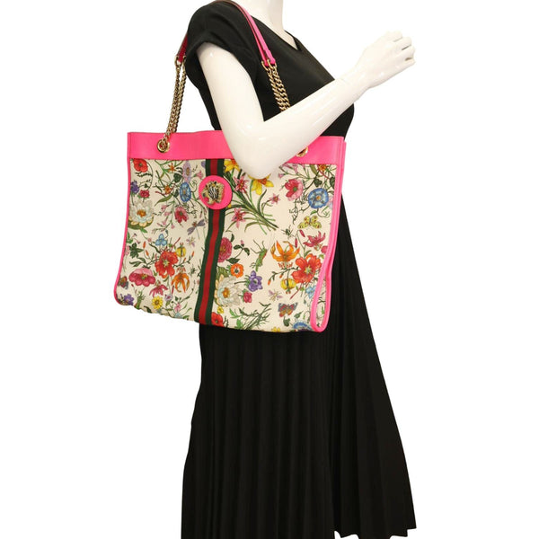 GUCCI Floral Rajah Large Canvas Leather Chain Tote Bag Multicolor 537219
