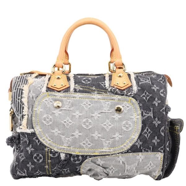 LOUIS VUITTON Speedy Monogram Denim Patchwork Satchel Bag Black