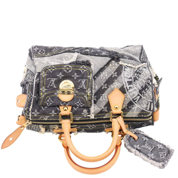 LOUIS VUITTON Speedy Monogram Denim Patchwork Satchel Bag Black