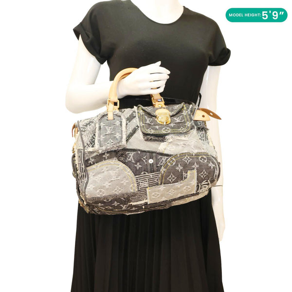 LOUIS VUITTON Speedy Monogram Denim Patchwork Satchel Bag Black