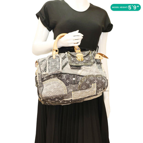 LOUIS VUITTON Speedy Monogram Denim Patchwork Satchel Bag Black