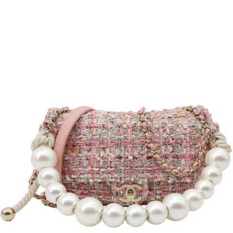 CHANEL Pearl Flap Mini Tweed Top Handle Shoulder Bag Pink